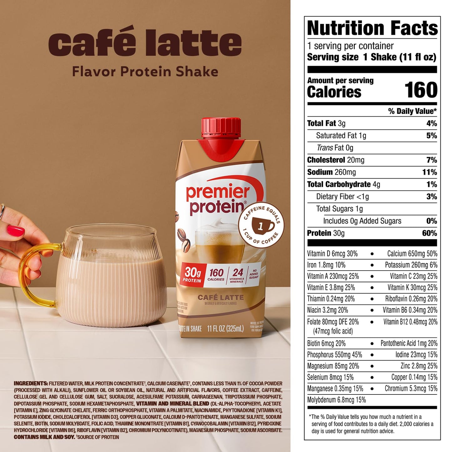 Premier Protein Shake, Café Latte with Caffeine for Energy - 30g Protein, No Added Sugar, 24 Vitamins & Minerals to Support Immune Health, 11 fl oz