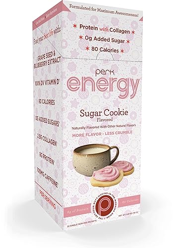 Perk Energy Drink Mix (Sugar Cookie) 10 Stick Packs - Caffeinated Healthy Coffee Alternative with Protein, 100mg of Caffeine, Gluten-Free, Soy-Free