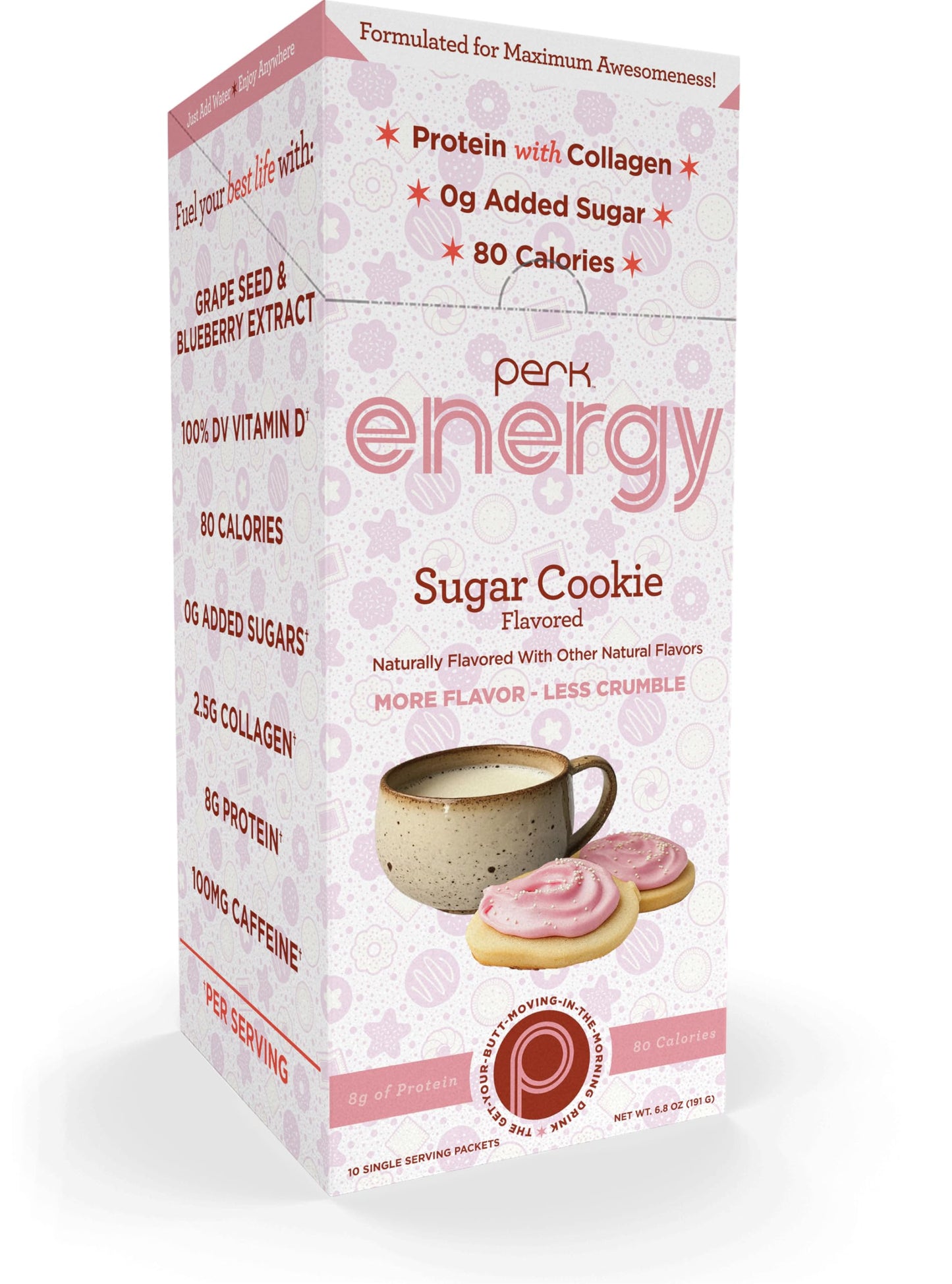 Perk Energy Drink Mix (Sugar Cookie) 10 Stick Packs - Caffeinated Healthy Coffee Alternative with Protein, 100mg of Caffeine, Gluten-Free, Soy-Free