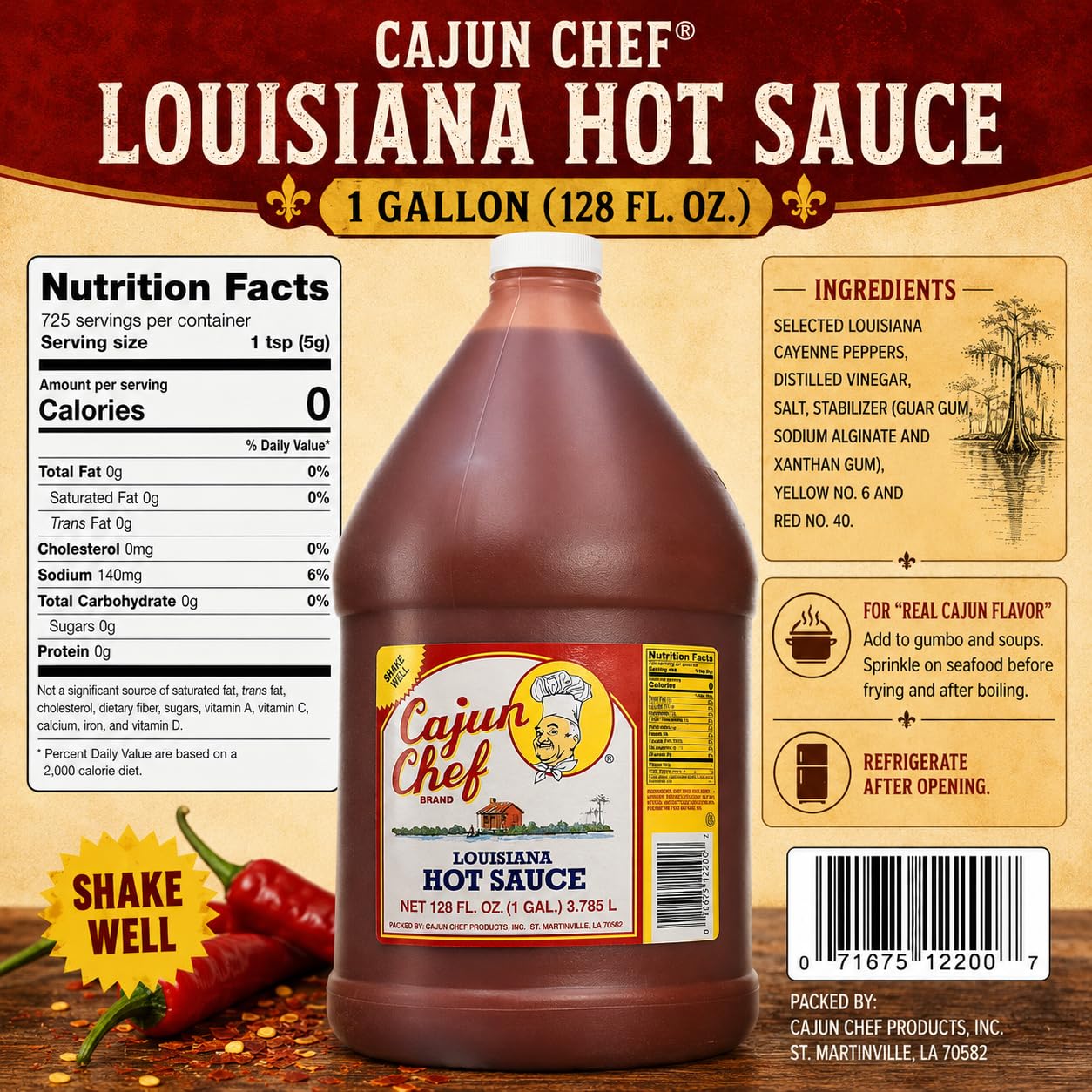 Cajun Chef Louisiana Hot Sauce 1 Gallon, 128 fl oz Cajun Cayenne Pepper Sauce, Mild Heat Hot Sauce for Gumbo, Seafood, Soups, Wings, BBQ, Pizza