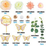28pcs Flower Cake Topper 3D Butterfly Acrylic Happy Birthday Cake Toppers Artificial Carnation Rose Flowers Eucalyptus Leaves Cake Decorations