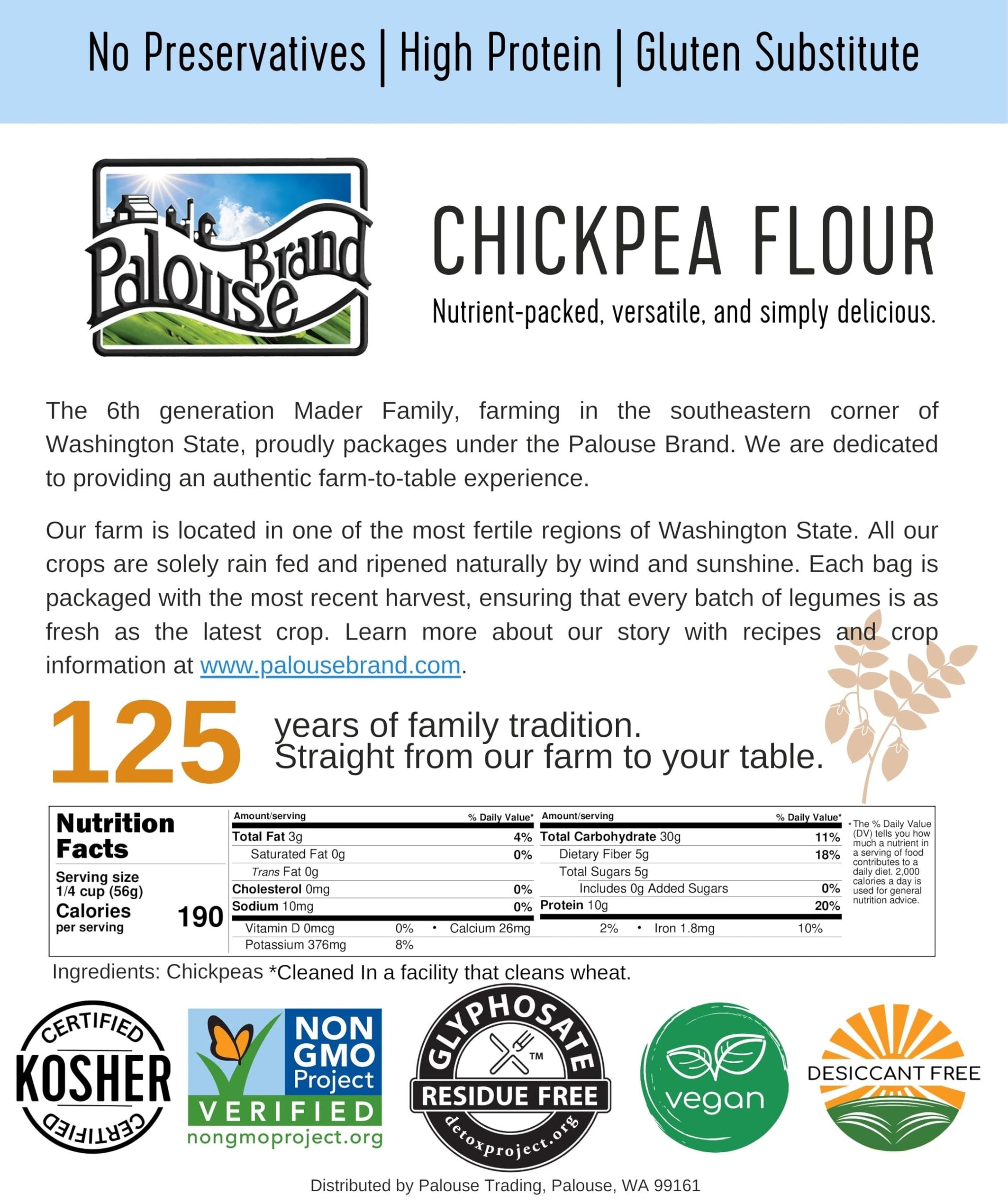 Palouse Brand Certified Glyphosate Residue Free Chickpea Flour | 9 LBS | Family Farmed in Washington State | Unbleached | Non-GMO Project Verified |