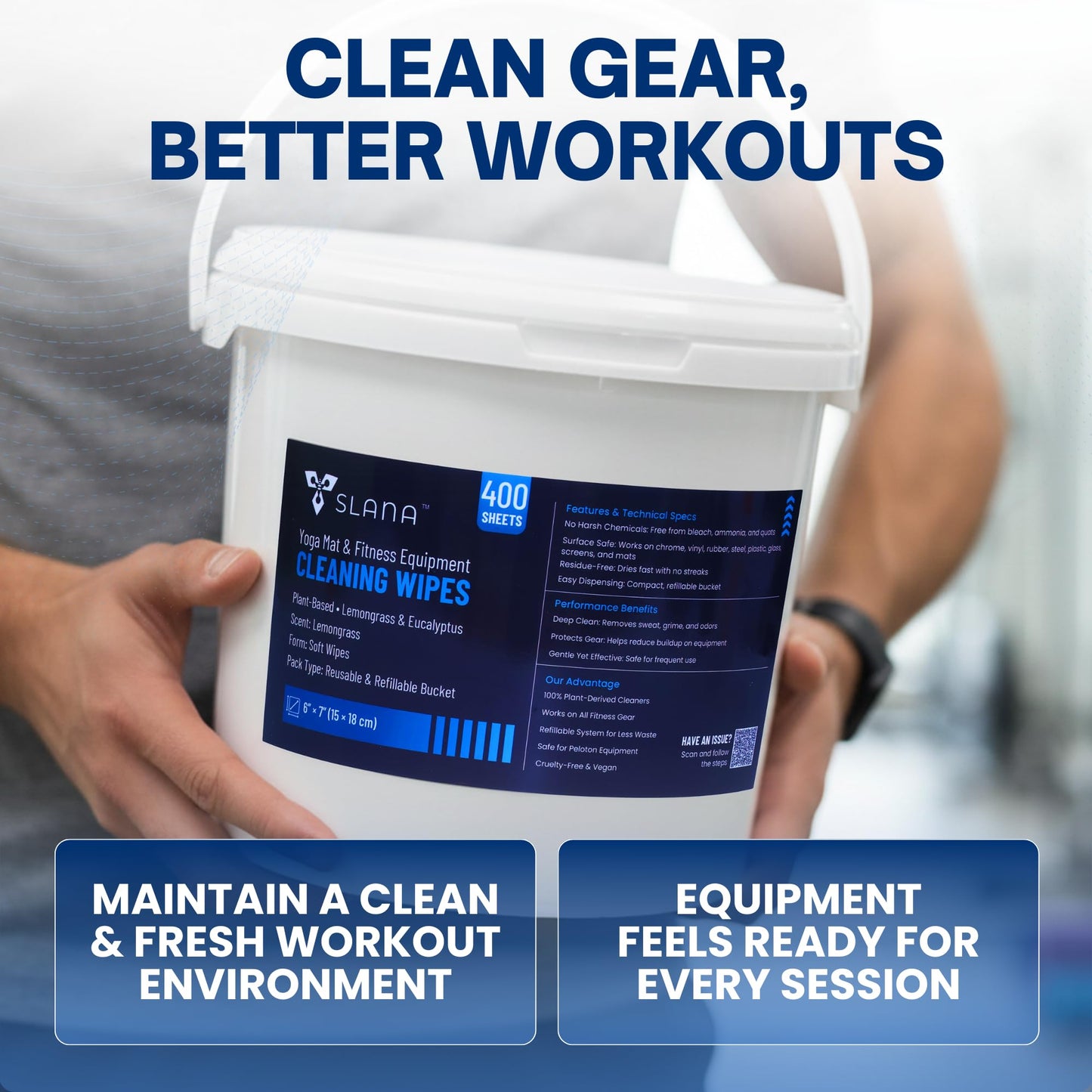 Gym Wipes for Equipment (400 Count) - Large 6"x7" Fitness Equipment Cleaning Wipes & Yoga Mat Cleaner | Plant-Based, Non-Toxic | Safe for Peloton