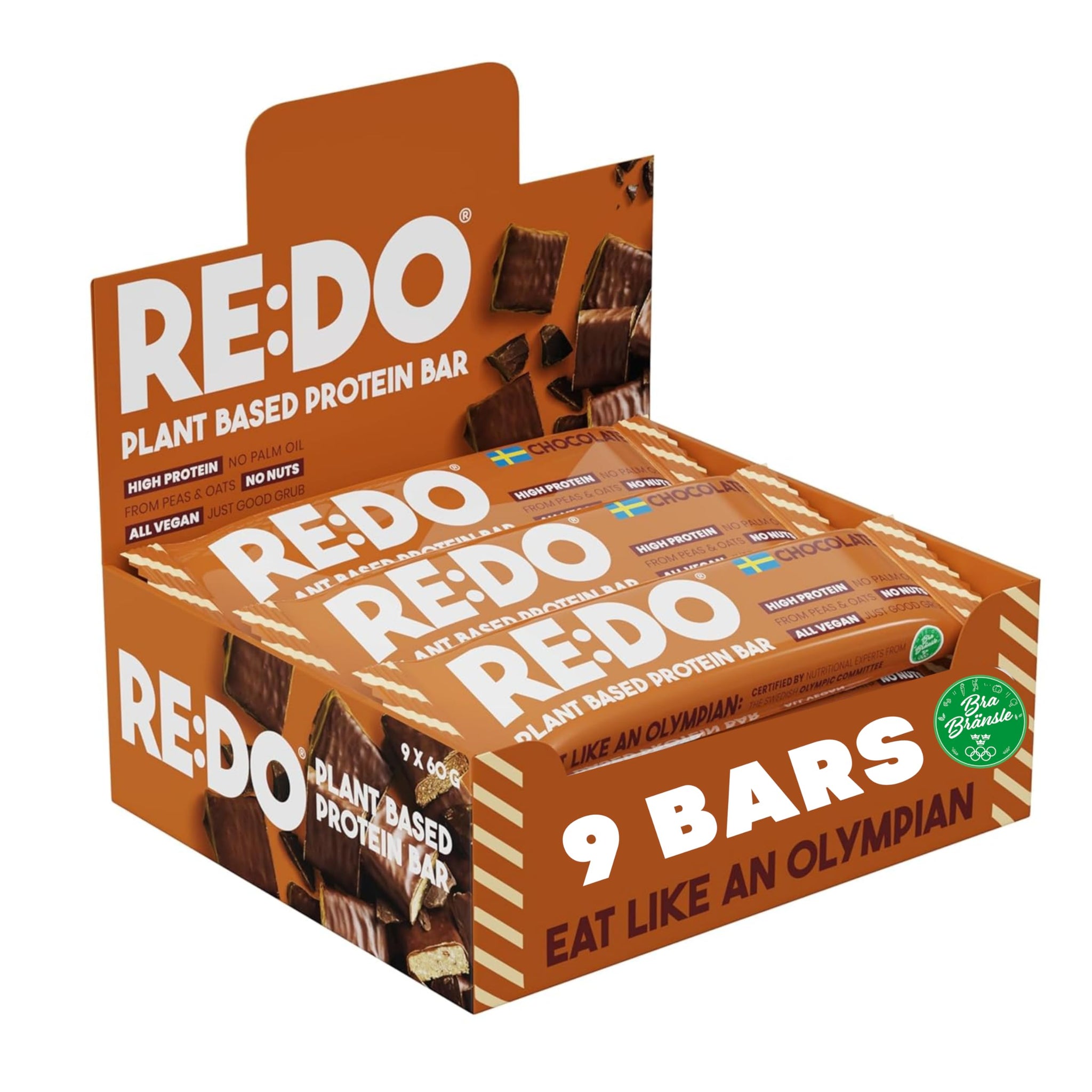 RE:DO Plant-Based Chocolate Plant-Based Protein Bars, 9 Bars, 12g Vegan Protein, Dairy & Nut Free, No Palm Oil, Meal Replacement, Healthy Snacks