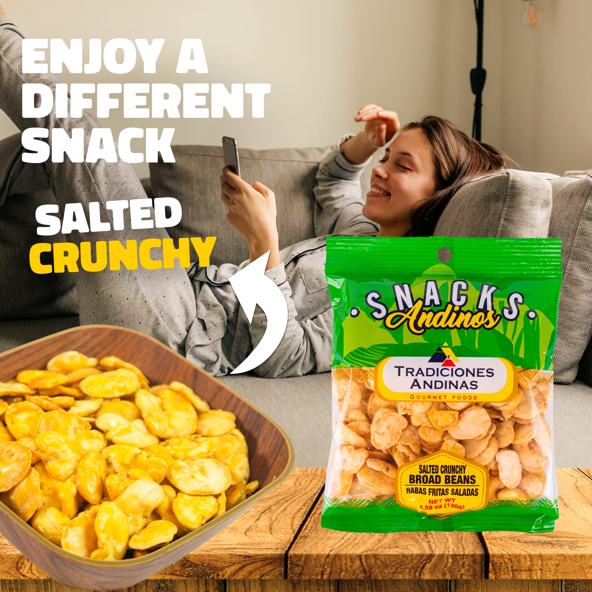 Tradiciones Andinas Salted Crunchy Fava Beans 4.59 oz - Habas Snacks Crispy Fried and Salty, Peruvian Products, Habas Crujientes y Saladitos