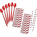 Red Plastic Sundae/Soda Spoons - 8 Inch - Party Supply - Red Paper Straws - 50 Each