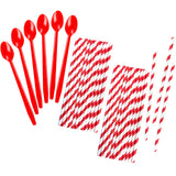 Red Plastic Sundae/Soda Spoons - 8 Inch - Party Supply - Red Paper Straws - 50 Each