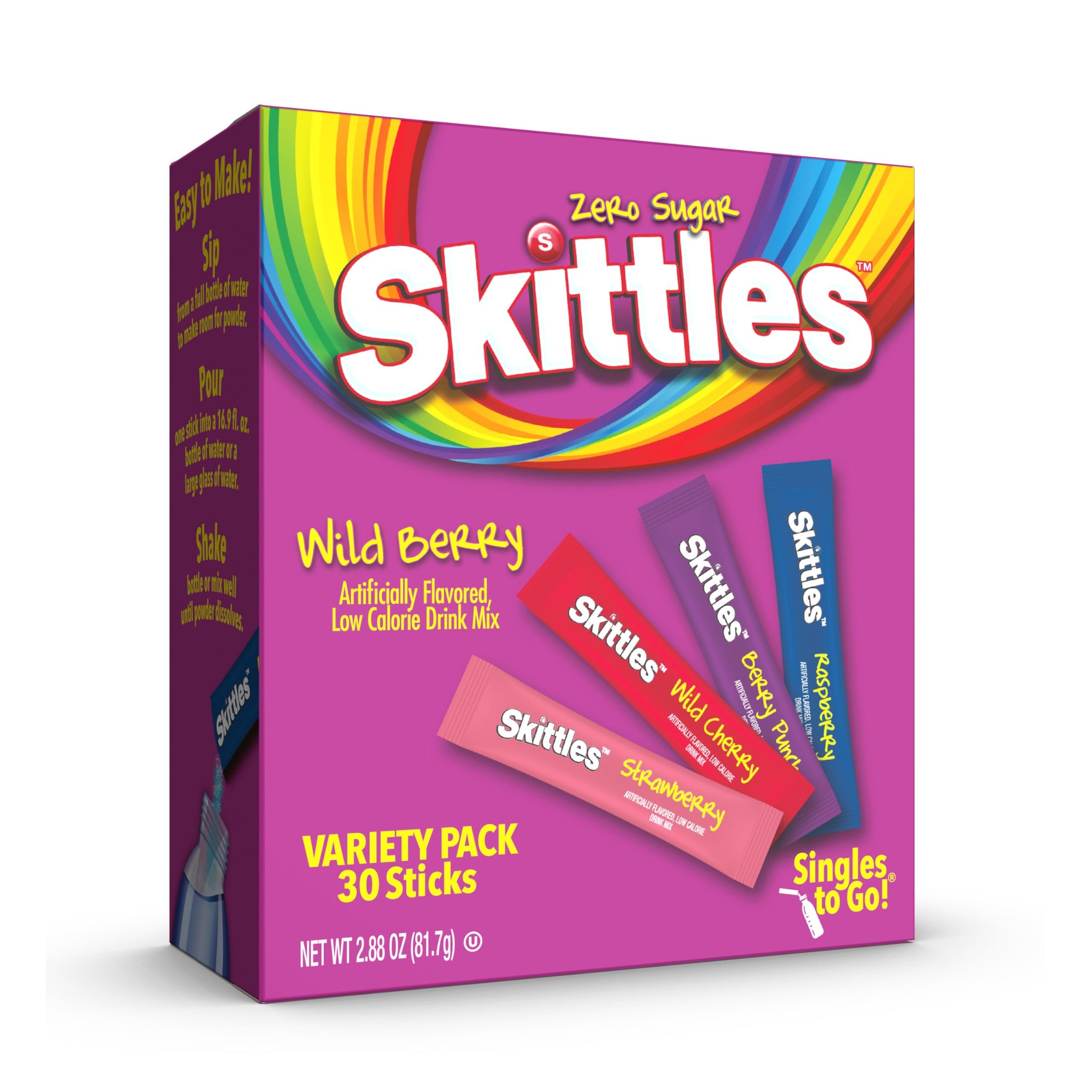 Skittles Singles To Go Wild Berry Variety Pack, Watertok Powdered Drink Mix, Zero Sugar, Low Calorie, Includes 4 Wild Berry Flavors, 1 Box (30 Single