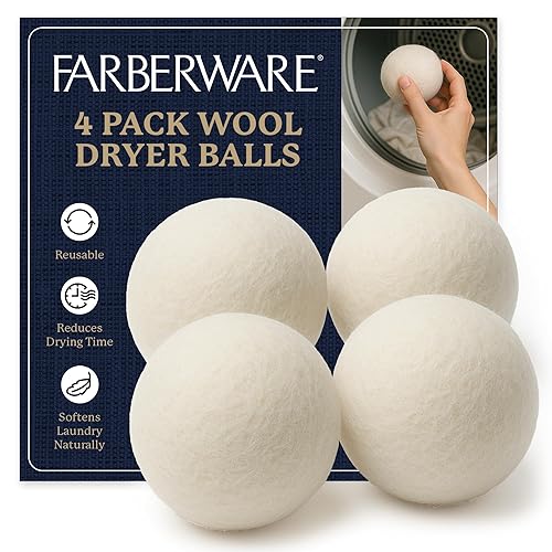Farberware Wool Dryer Balls 4 Pack - Reusable 100% Wool Balls for Dryer - Natural Fabric Softener for Laundry, Towels & Bedding, Replaces Fabric