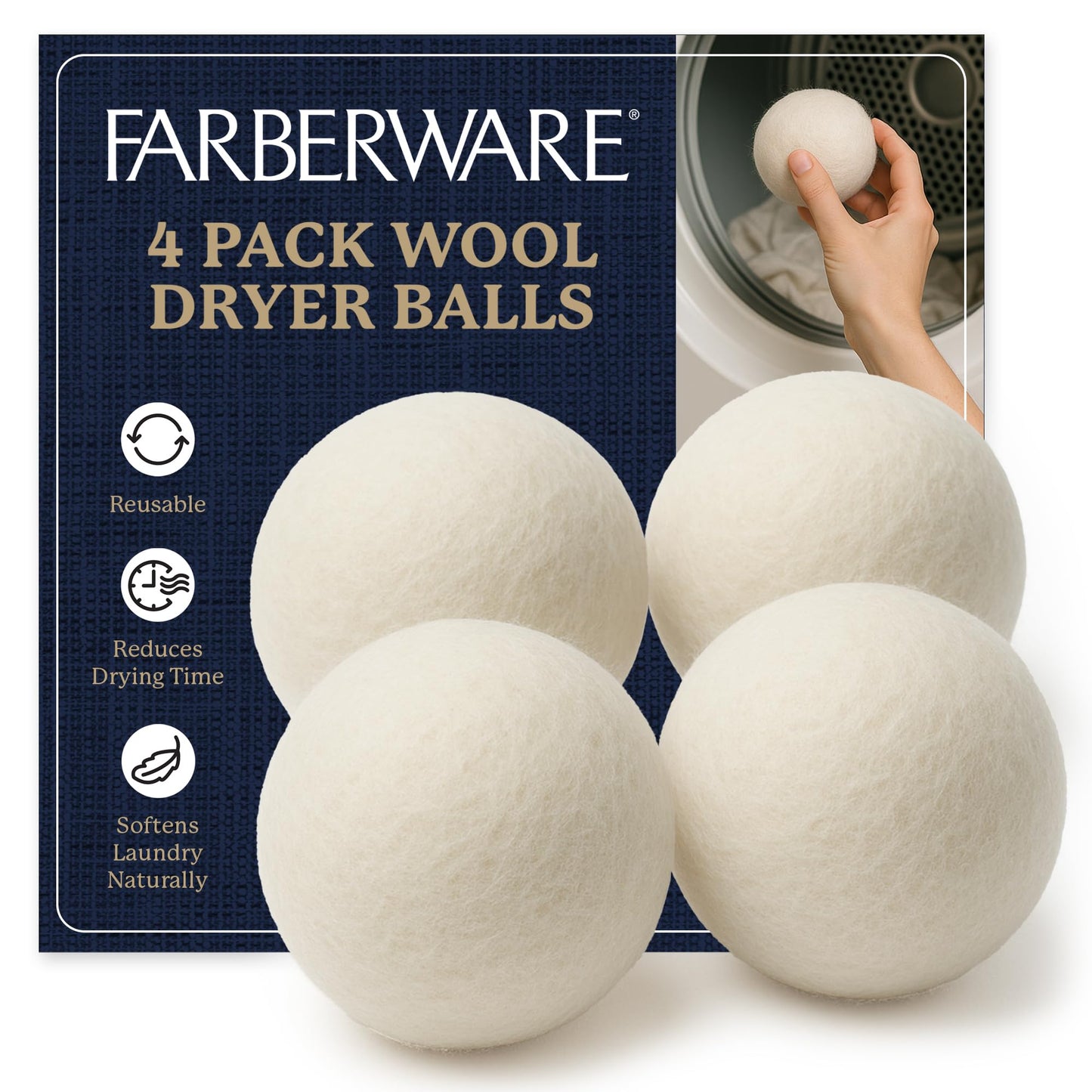 Farberware Wool Dryer Balls 4 Pack - Reusable 100% Wool Balls for Dryer - Natural Fabric Softener for Laundry, Towels & Bedding, Replaces Fabric