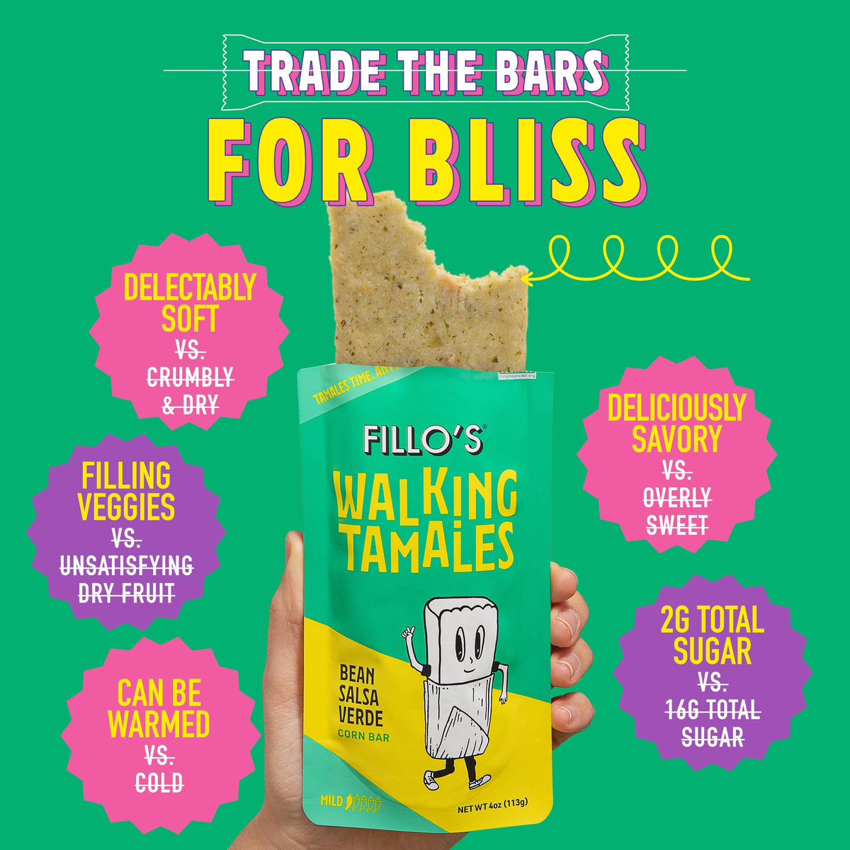 Fillo's Walking Tamales, Salsa Verde, Pk of 7, Ready-to-Eat, Delicious, Gluten-Free, Preservative-Free, No Added Sugar, Vegan Tamales, Microwavable