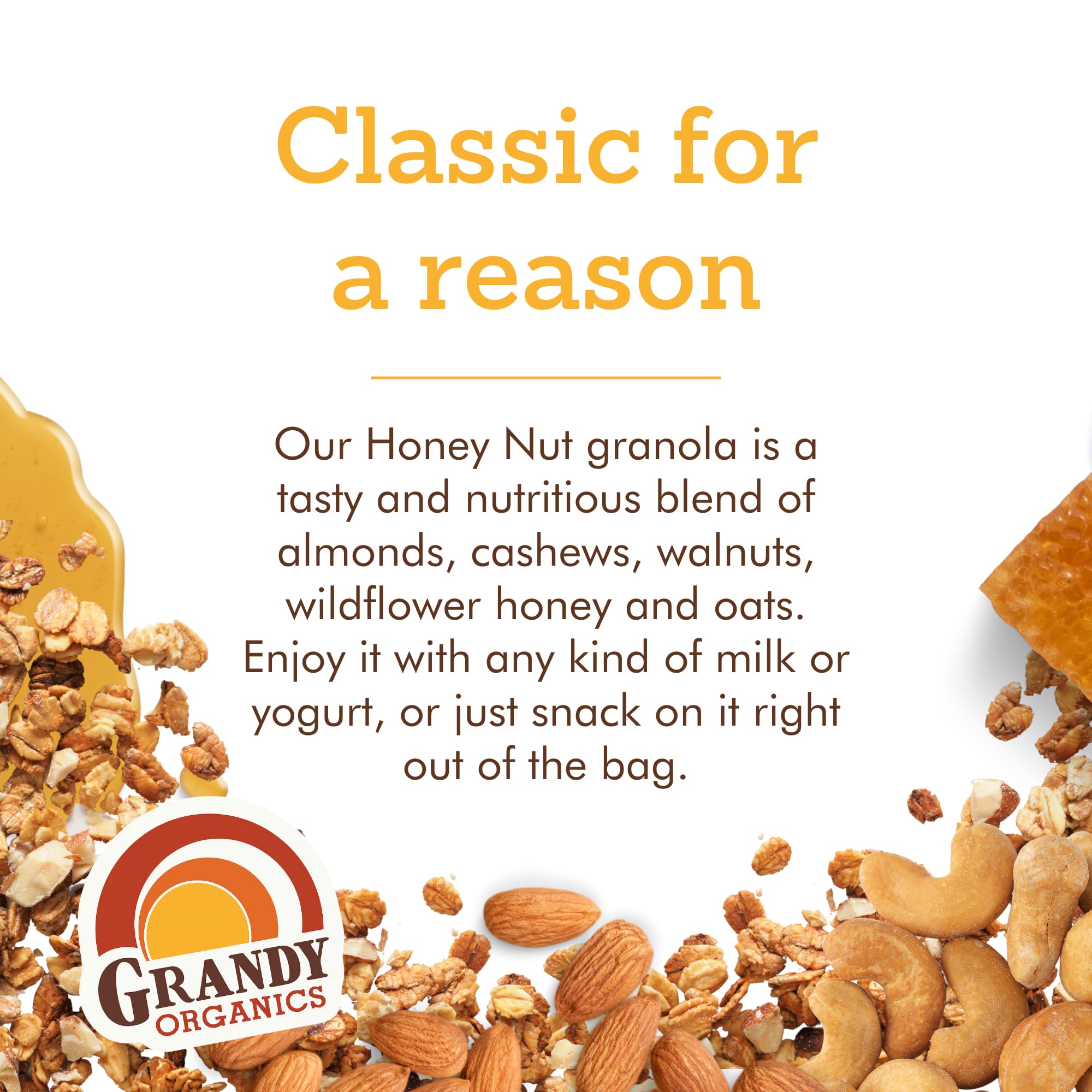 Grandy Organics Honey Nut Granola - Certified Organic & Gluten Free Granola - 8g Protein - Non GMO & Kosher - Oats, Honey, Seeds & Nuts - 2 Pack, 2