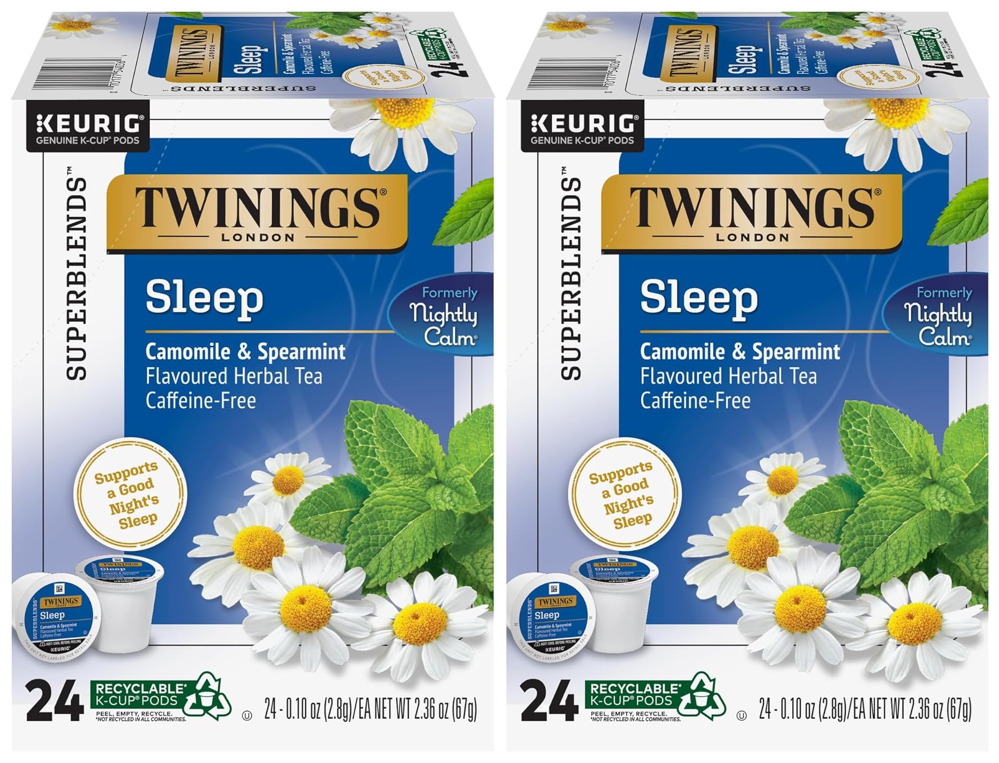 Twinings Sleep Herbal Tea K-Cup Pods for Keurig, 24 Count (Pack of 2), Formerly Nightly Calm, Camomile, Spearmint, & Lemongrass, Naturally
