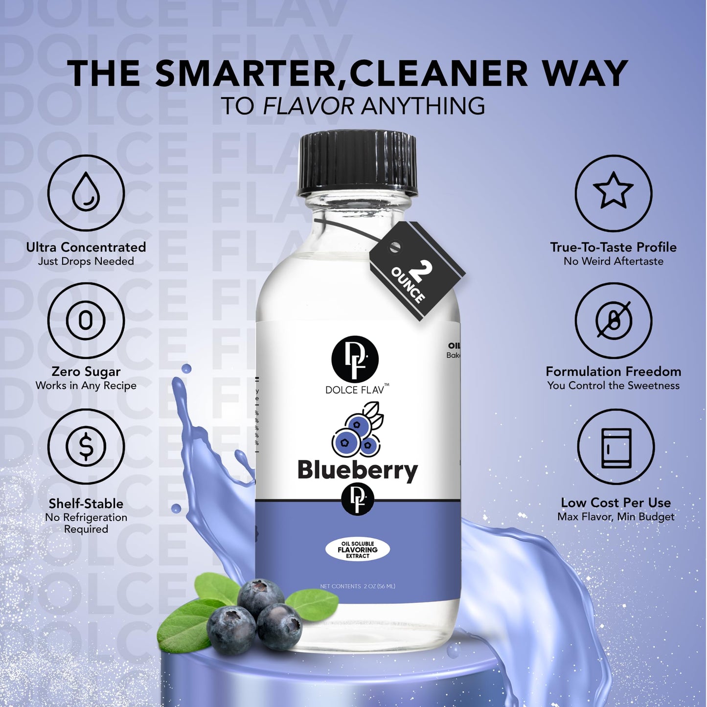 Dolce Flav Blueberry Extract - 2 Ounce Oil-Soluble Kosher, Sugar-Free, Concentrated Ripe Blueberry Flavoring for Baking, Chocolates & Desserts