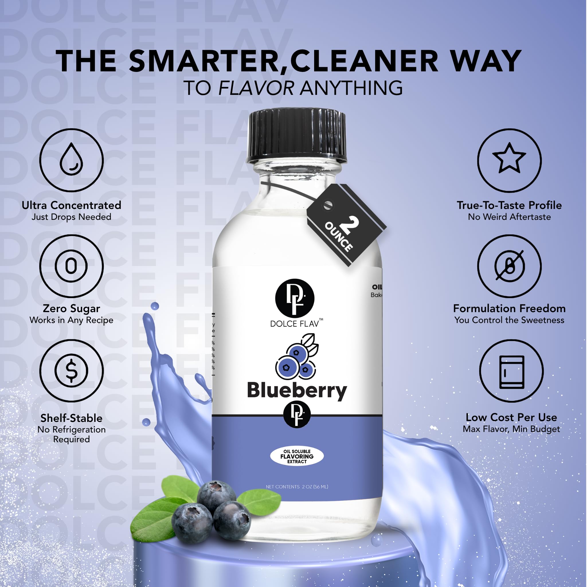 Dolce Flav Blueberry Extract - 2 Ounce Oil-Soluble Kosher, Sugar-Free, Concentrated Ripe Blueberry Flavoring for Baking, Chocolates & Desserts