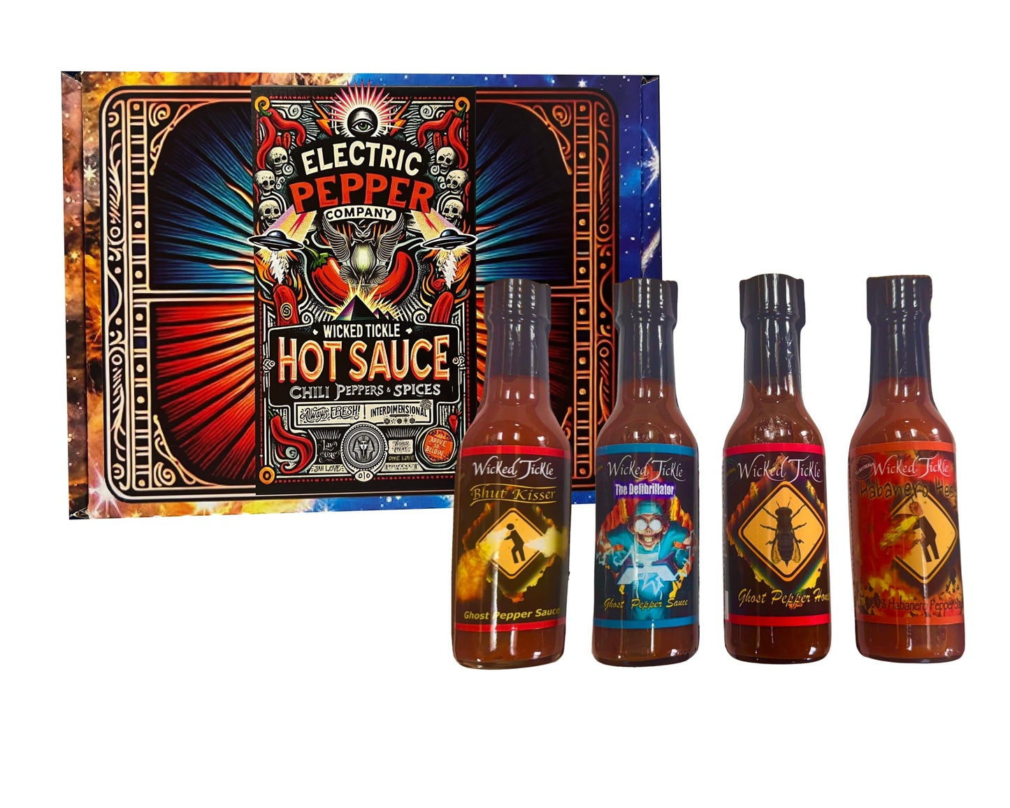 Wicked Tickle Ghost Pepper & Habanero Hot Sauce Gift Set - 4 Pack + Bonus 7 Ghost Peppers, 5 oz Bottles