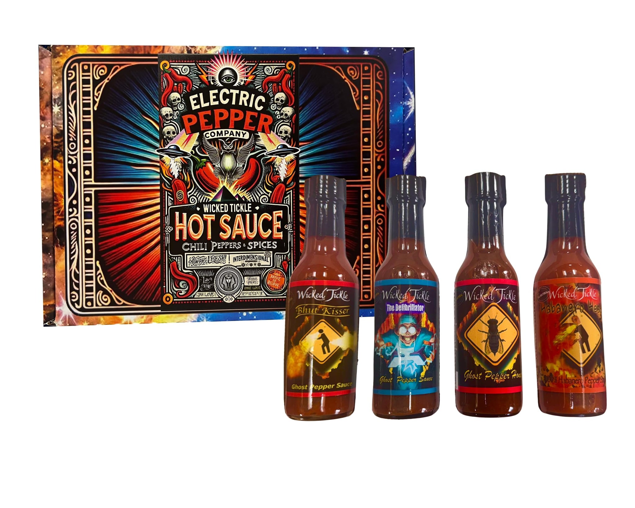 Wicked Tickle Ghost Pepper & Habanero Hot Sauce Gift Set - 4 Pack + Bonus 7 Ghost Peppers, 5 oz Bottles