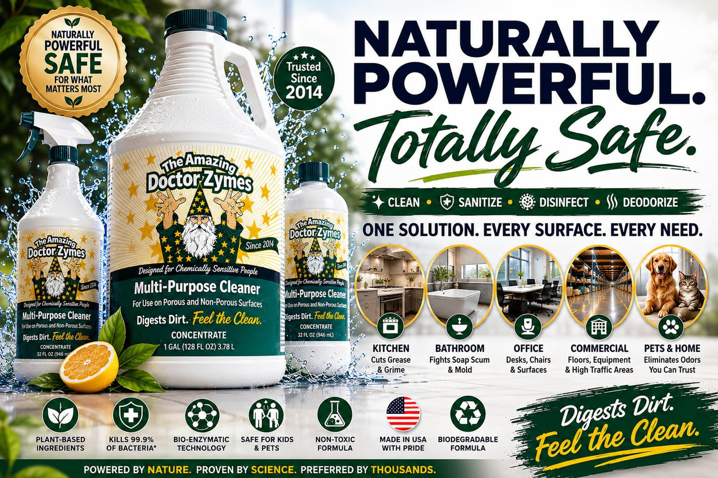 Multi-Purpose Cleaner - All Purpose Enzyme Based Cleaner & Natural Disinfectant Spray - Non-Toxic, Chemical-Free, Scent Free, Child & Pet Safe House