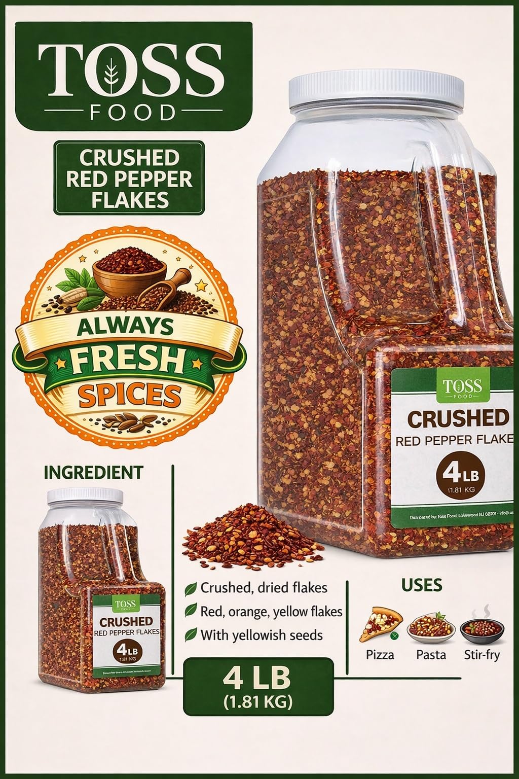 TOSS Crushed Red Pepper Flakes, Red Chili Bulk Spice 4 LB Container, Hot Pepper Flakes For Pizza Seasoning, Great for Chowder, Seafood, Pasta