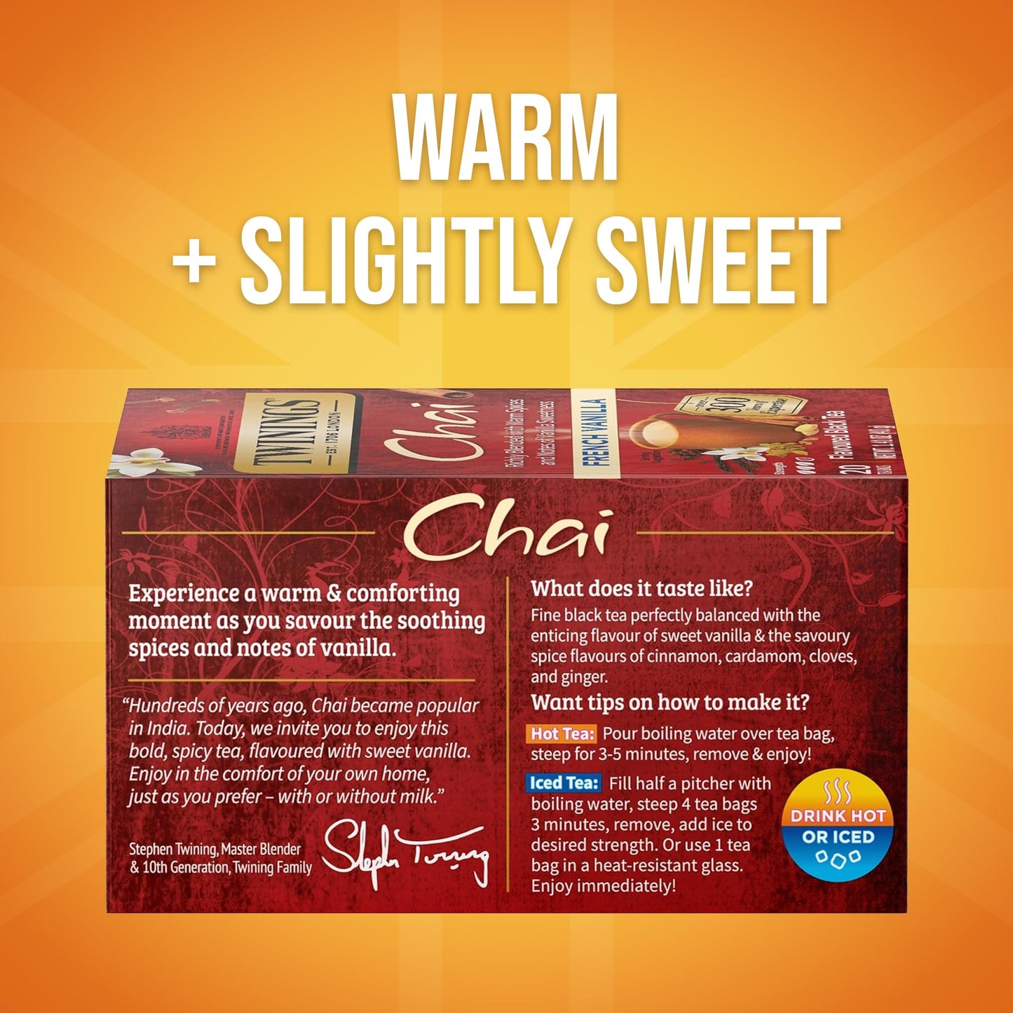 Twinings French Vanilla Chai Black Tea Individually Wrapped Bags, 20 Count (Pack of 1), Warm, Sweet & Spicy, Caffeinated, Enjoy Hot or Iced, 20