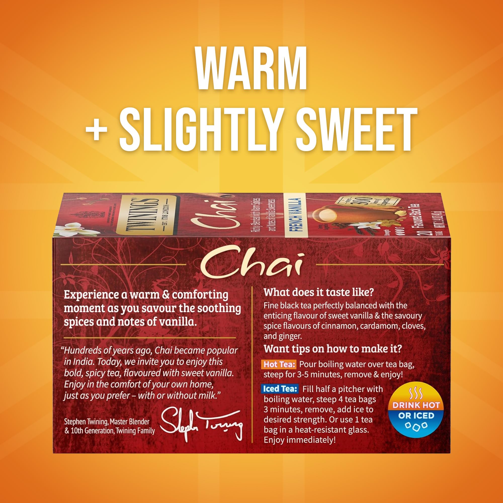 Twinings French Vanilla Chai Black Tea Individually Wrapped Bags, 20 Count (Pack of 1), Warm, Sweet & Spicy, Caffeinated, Enjoy Hot or Iced, 20