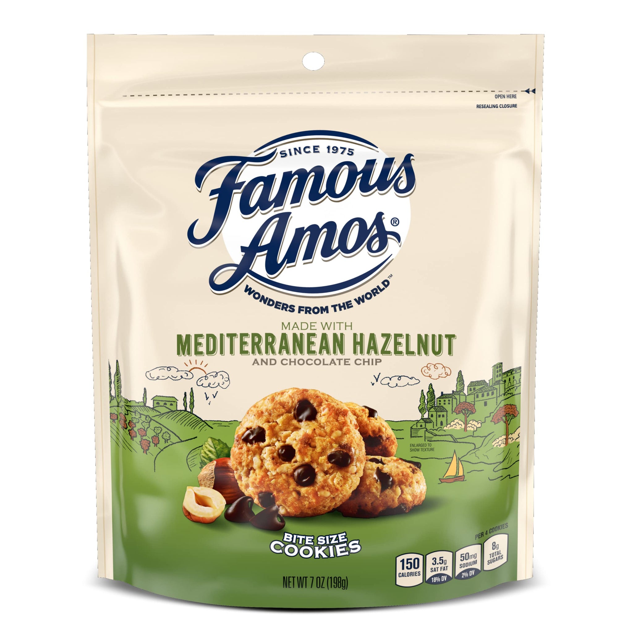 Famous Amos Mediterranean Hazelnut and Chocolate Chip Cookies | Real Mediterranean Hazelnuts in Bite-Size Chocolate Chip Cookies, Resealable 7 oz Bag