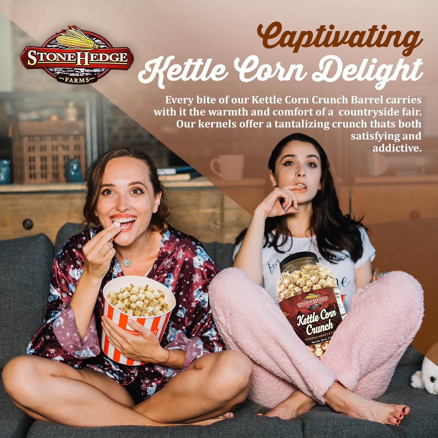 Stonehedge Farms Kettle Corn Crunch Popcorn | 26 oz Large Tub | Perfect for Holidays and Christmas | Bulk Gourmet Popped Flavored Sweet Snacks | Pop