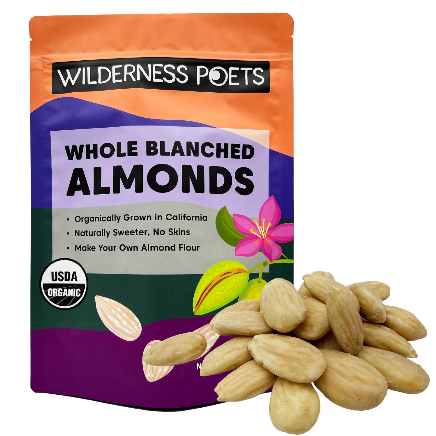 Wilderness Poets, Organic Blanched Almonds - Whole, California-Grown Almonds with No Skins, Unsalted - 2 Pound (Pack of 1)