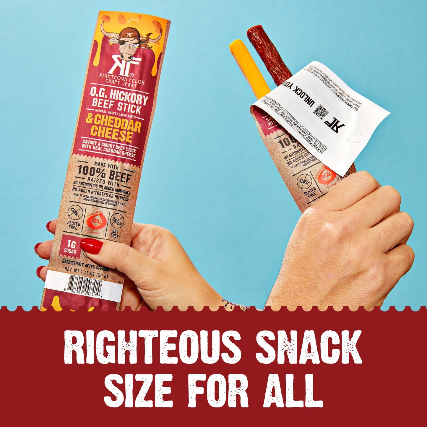 Righteous Felon O.G. Hickory Beef & Cheddar Cheese Sticks, 14g Protein, Shelf Stable Meat and Cheese Snack, 100% Grass-Feed Beef, Individually Wrapped