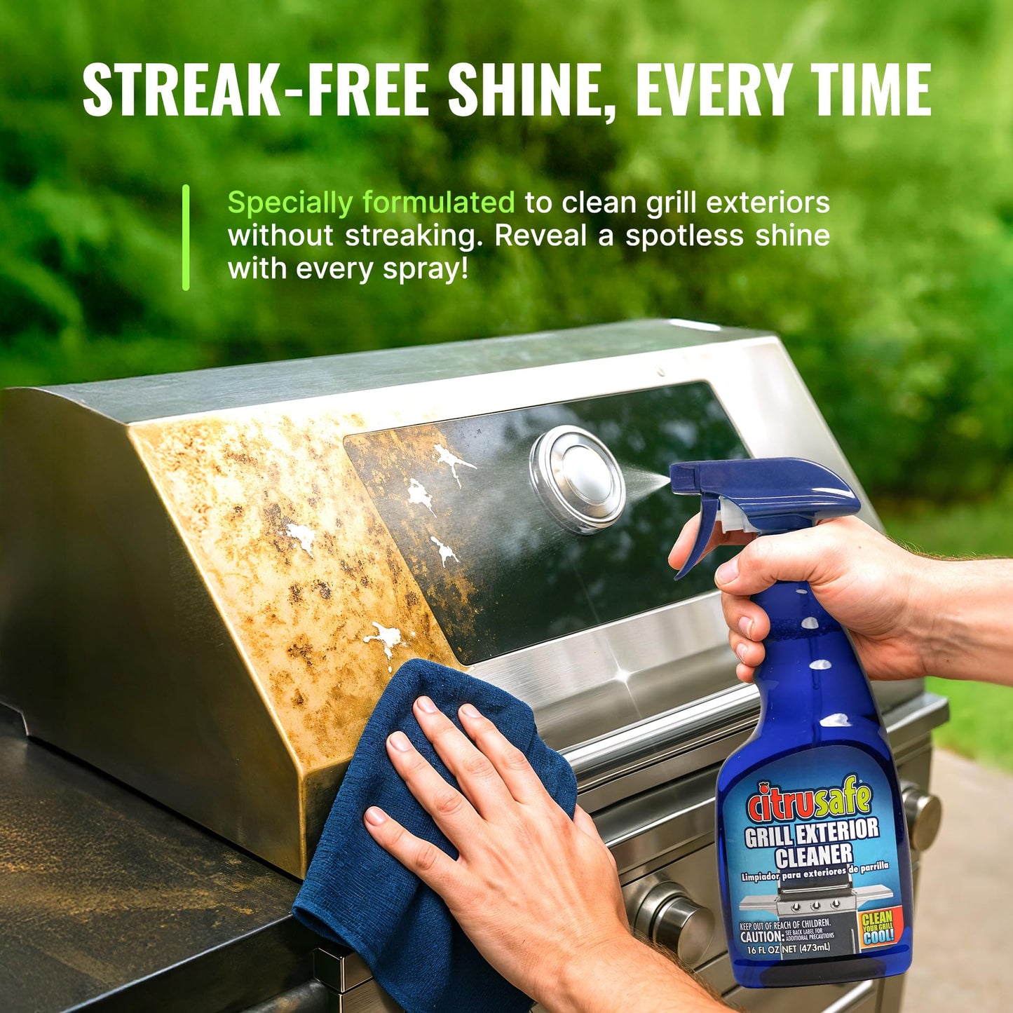 Citrusafe Exterior Grill Cleaner for Outdoor Grill (16 OZ) - Streak Free Clean for Stainless Steel - Safe to use on all Exterior Grills Such as Gas