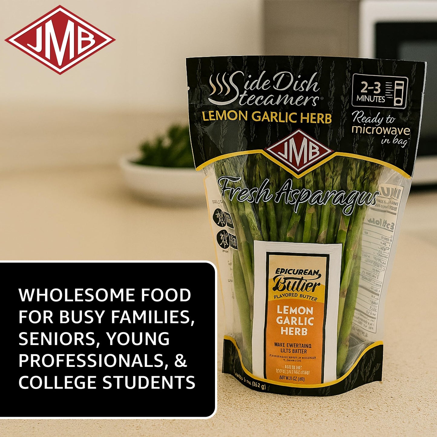 JMB Produce Side Dish Steamers - Asparagus Side Dishes - Lemon Garlic Flavor - Microwavable Fresh Vegetable Meals Ready to Eat - 1 Count