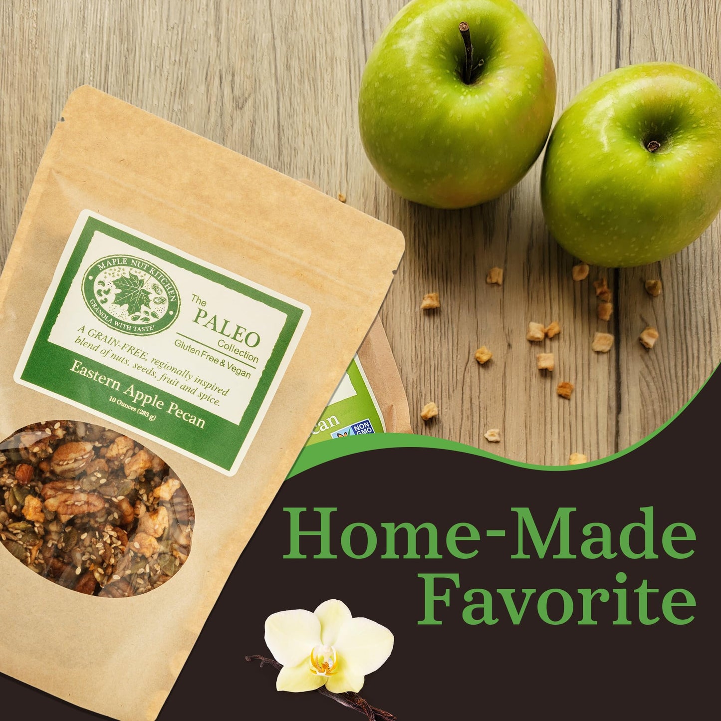 Maple Nut Kitchen Eastern Apple Pecan Paleo Granola 3 Pack - Grain Free, Vegan, Gluten Free, No Sugar Added, Low Carb Granola with Pecans, Pumpkin