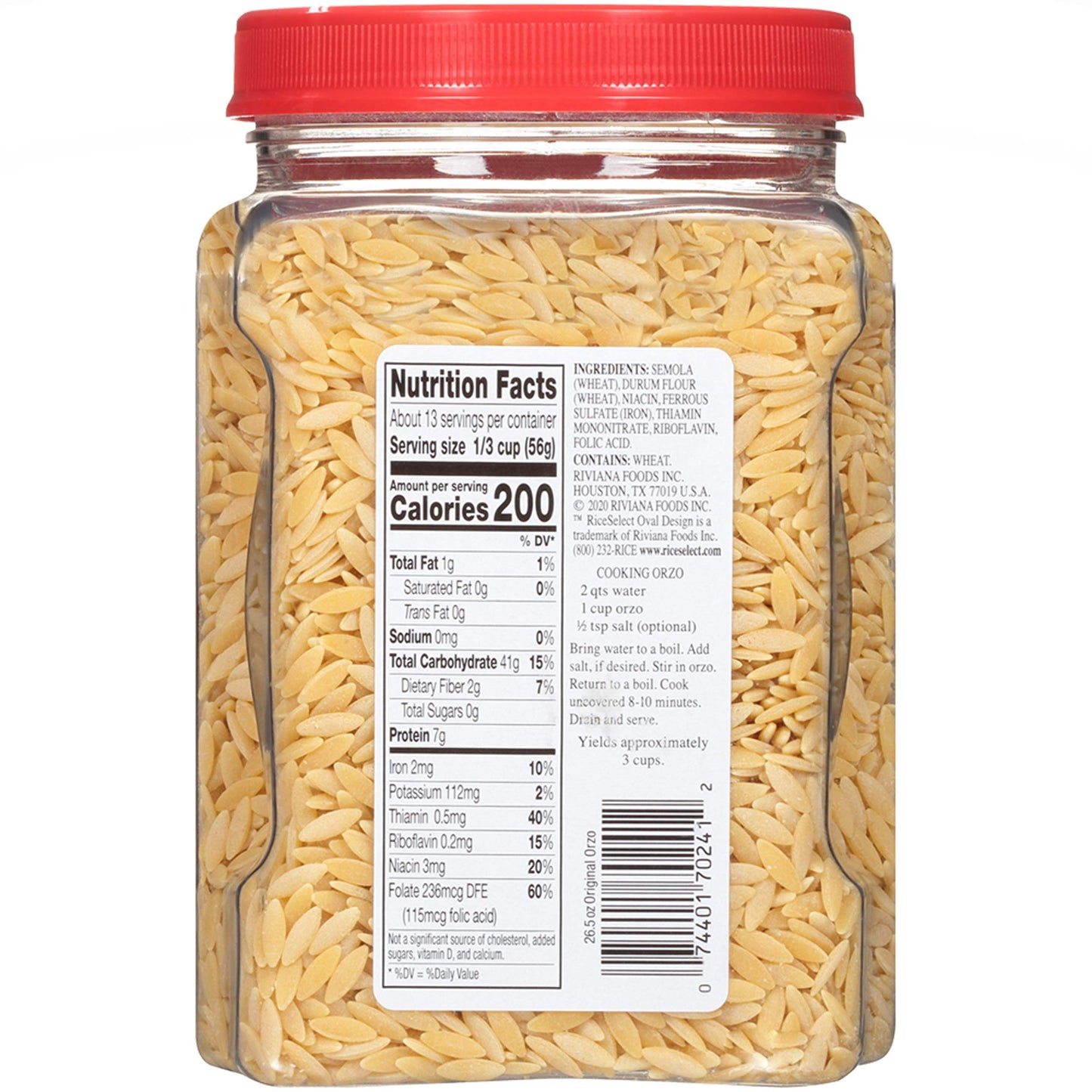 RiceSelect Orzo Pasta, Non-GMO, 26.5 oz (Pack of 4 Jars)