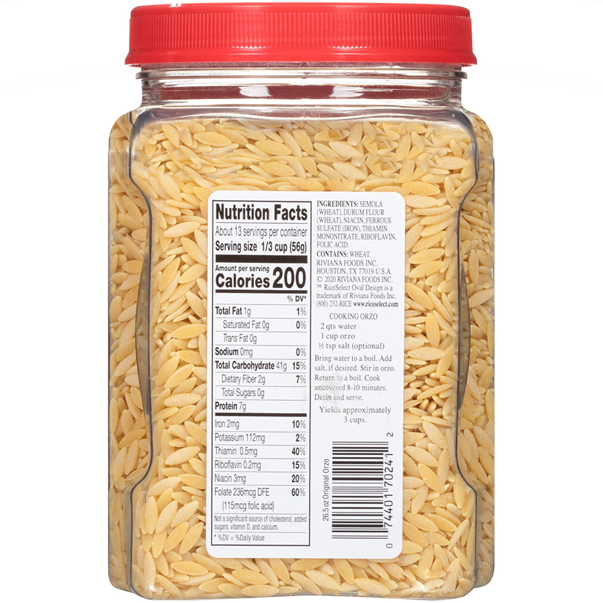 RiceSelect Orzo Pasta, Non-GMO, 26.5 oz (Pack of 4 Jars)