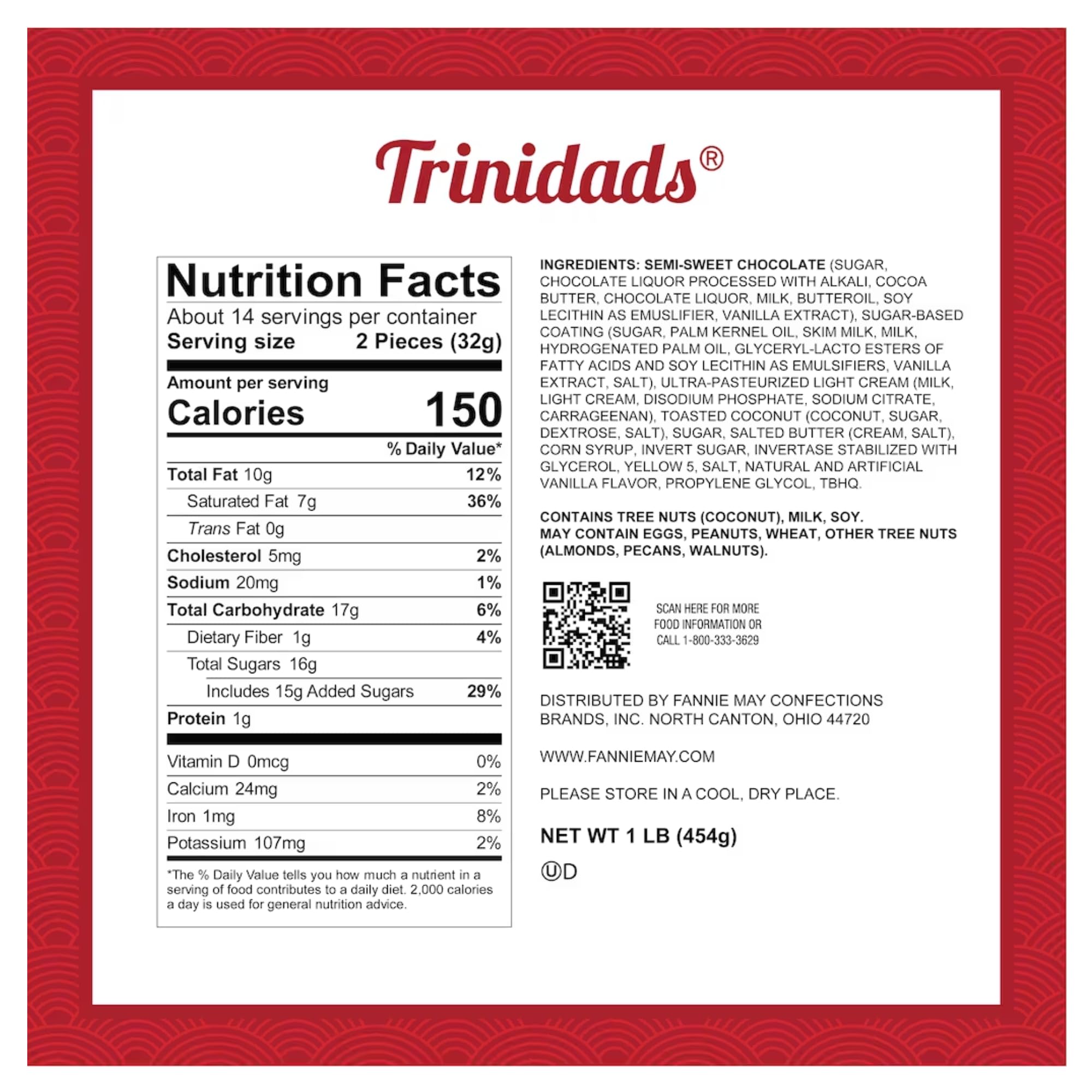 Fannie May Trinidads (toasted coconut - chocolate truffle) Signature Wrapt 1 lb. Box - Gift Basket with Gift Tag & Insulated Shipper