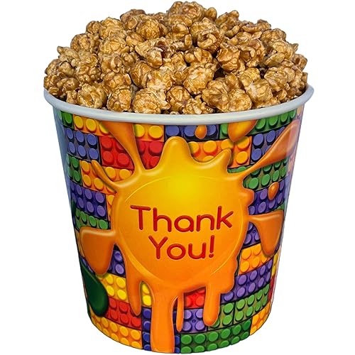 Signature Popcorn, 1-Gallon “Thank You!” Reusable Lego-Style Gift Bucket, Caramel Popcorn, Gourmet Snack, Gluten-Free, Holiday or Appreciation Gift