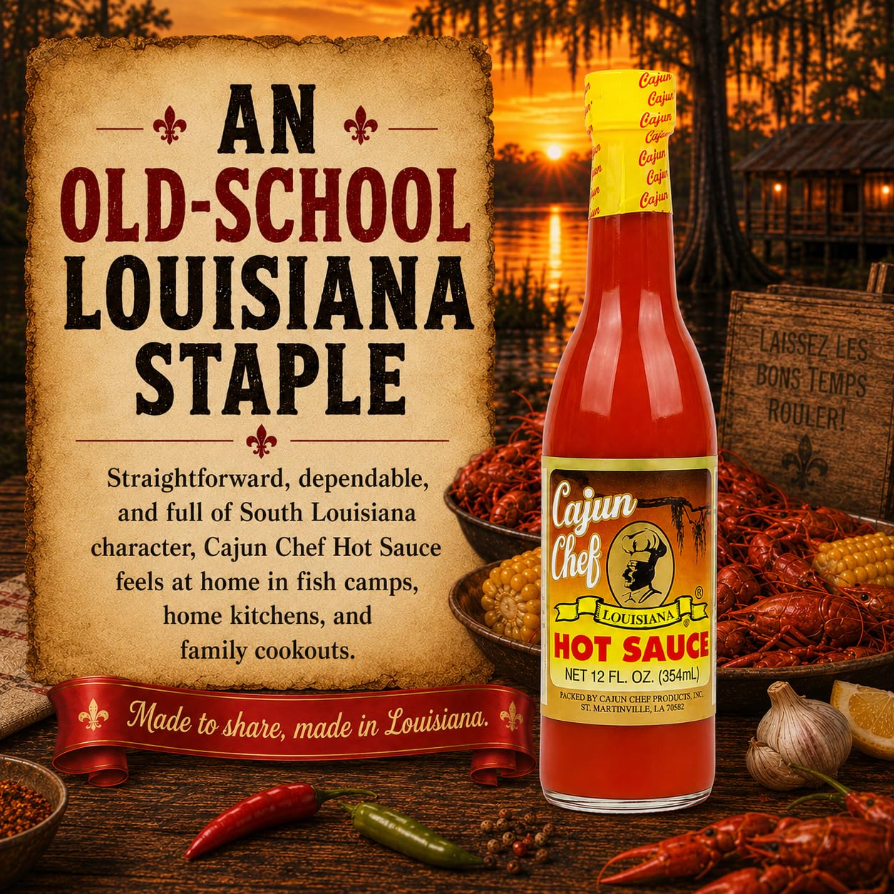 Cajun Chef Louisiana Hot Sauce 12 oz, Cajun Cayenne Pepper Sauce with Mild Heat, Louisiana Style Hot Sauce for Gumbo, Seafood, Soups, Wings, Pizza