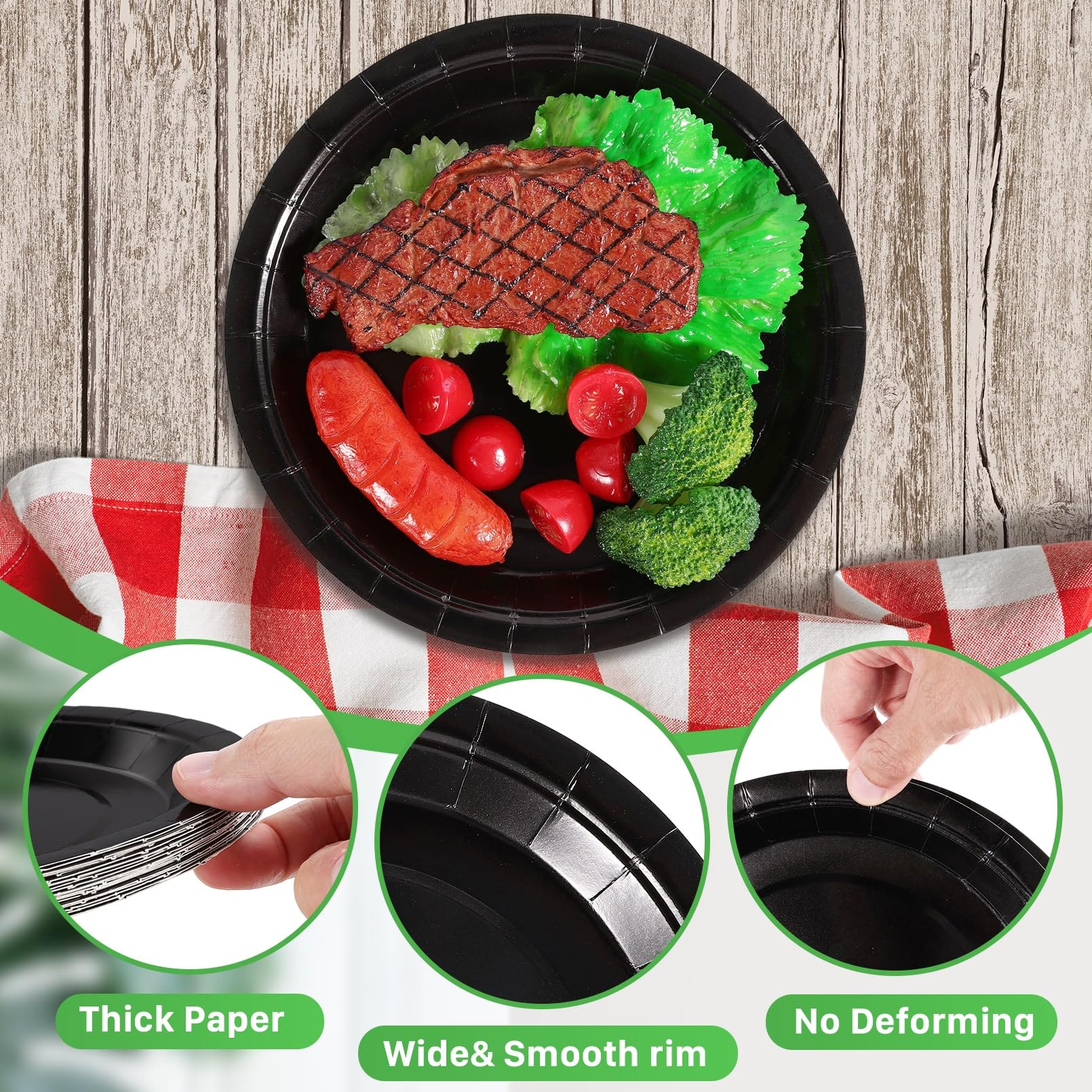 CACASO 100 PCS Black Paper Plates, 9 Inches, Contemporary Style, Round, Disposable, Heavy-Duty, Ideal for Parties, Weddings, and Holidays