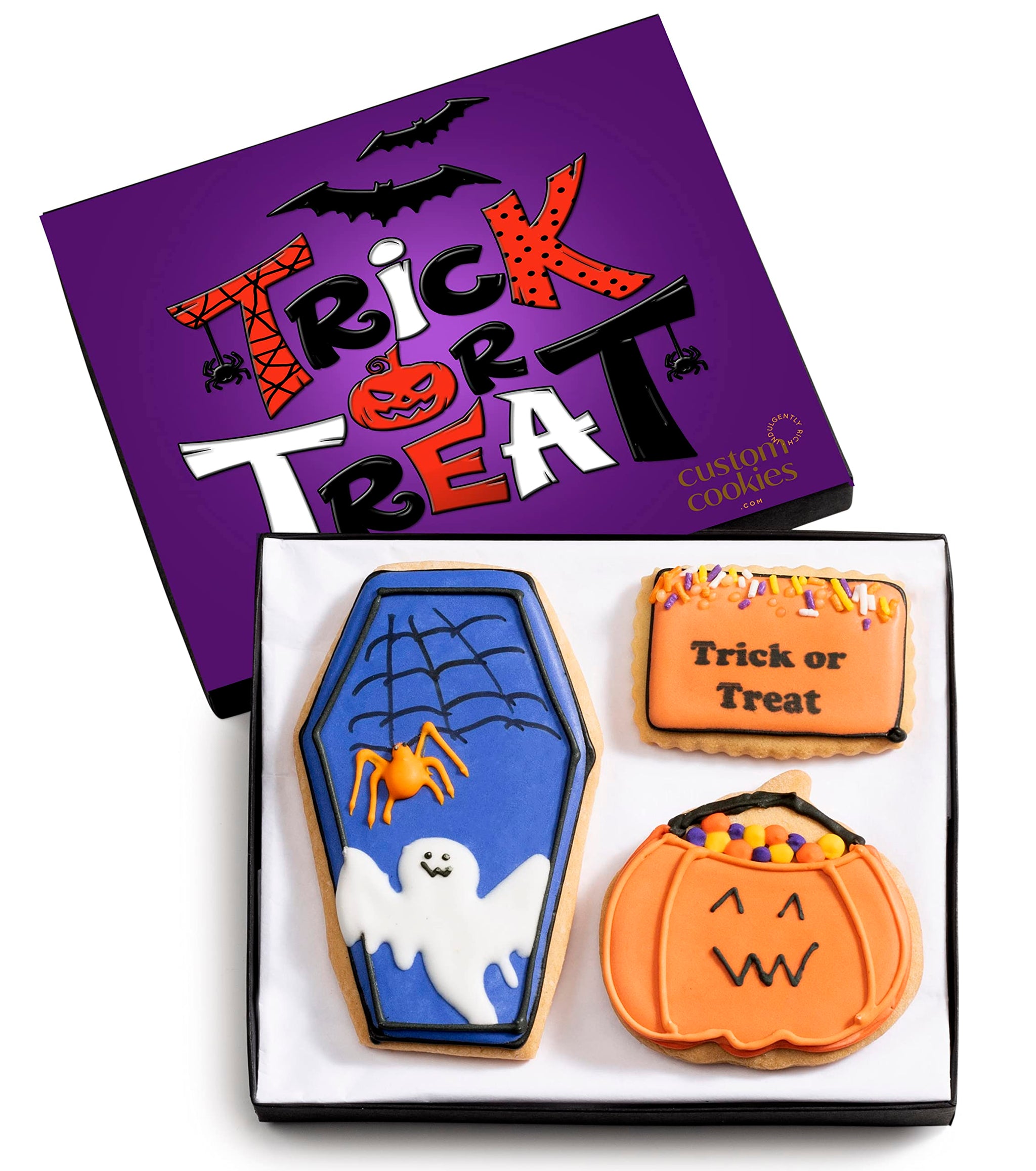 Halloween Cookie Gift Basket, Hand Decorated Vanilla Sugar Cookies Gourmet Dessert Spooky Trick Or Treat Gift Box For Boys Girls Kids Children Adults