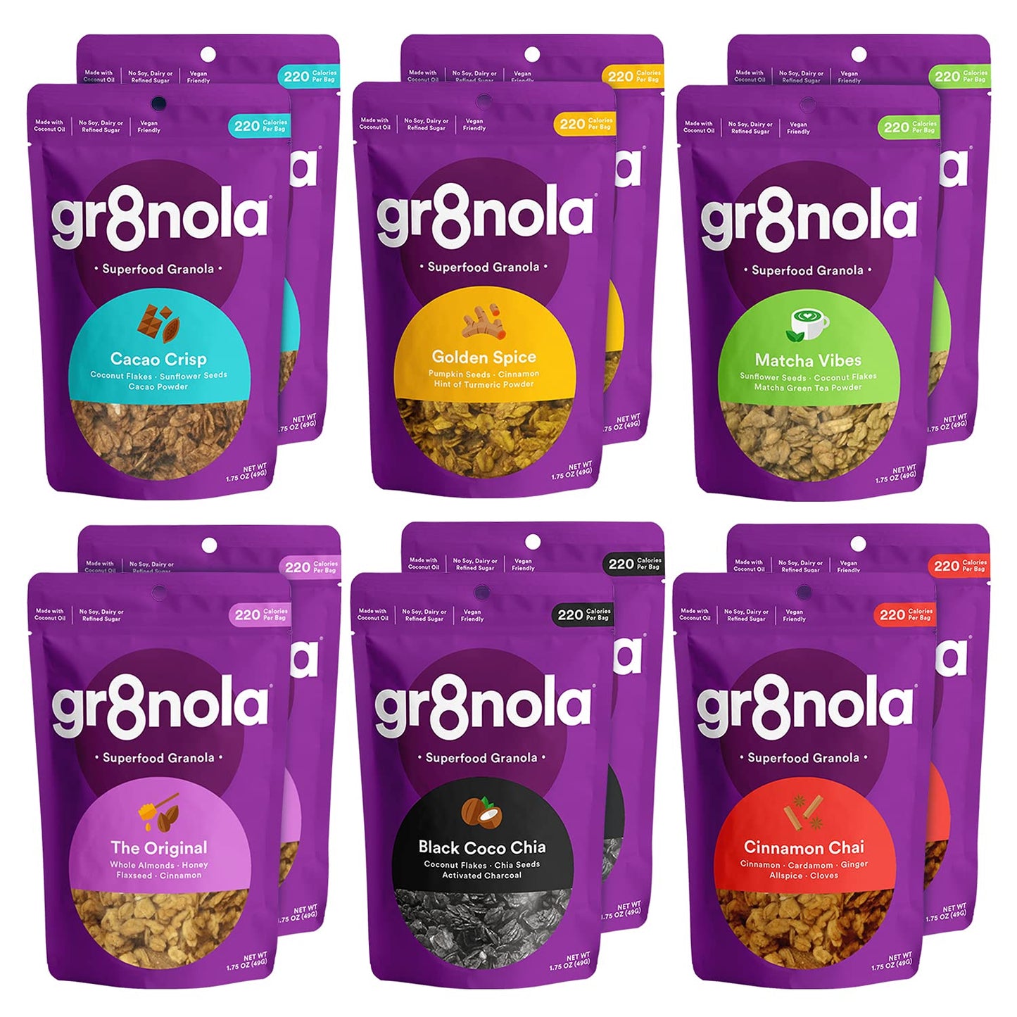 gr8nola VARIETY 12 PACK - Sampler Pack of 6 Flavors (2 Bags Each) - Healthy, Low Sugar Granola Cereal Snacks - Made with Superfoods - Soy Free, Dairy