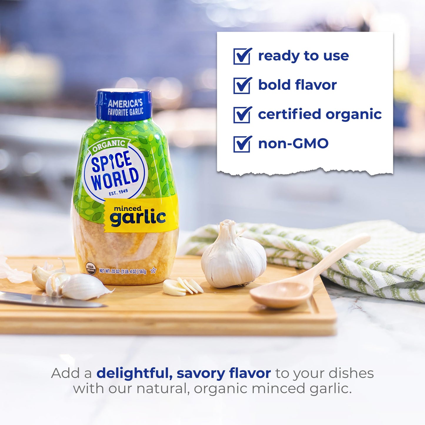 Spice World Squeezable Organic Minced Garlic - Value 20oz Container, USDA Certified Organic Garlic with Non-GMO Ingredients - Ready-to-Use Seasonings