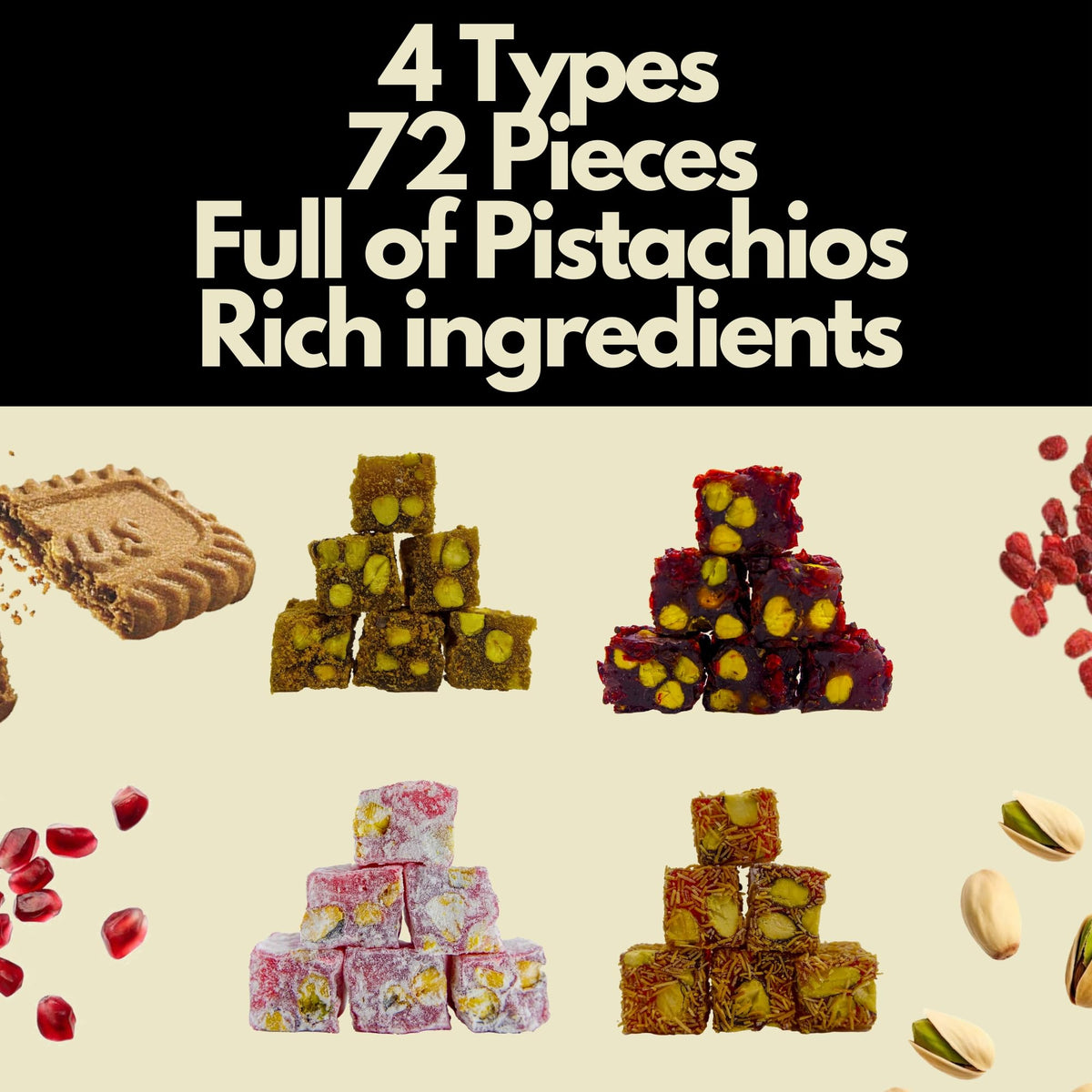 Turkish Delight Mix Classical 72 Piece Cube by BAKIRKAZAN, Turkish Delights Candy 17.6 oz, w/ 4 Flavors: Zereshk, Kadayif, Biscuit,Pomegranate,Halal
