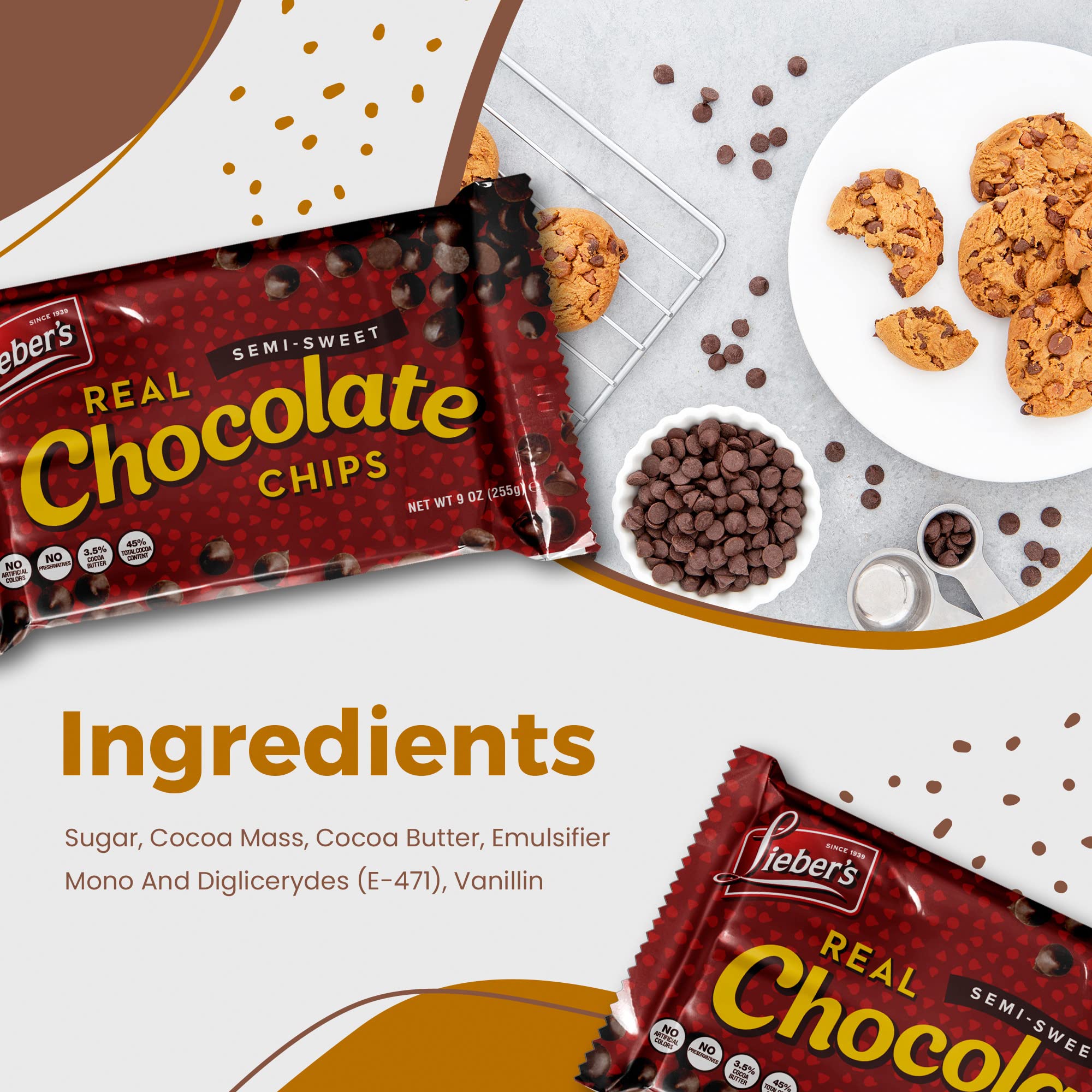 Lieber’s Vegan Semi-Sweet Real Chocolate Chips, 9 oz - Gluten Free, Dairy Free, Kosher Parve, Low Calorie Chocolate Chips for Baking (9 Oz Pack Of 3)