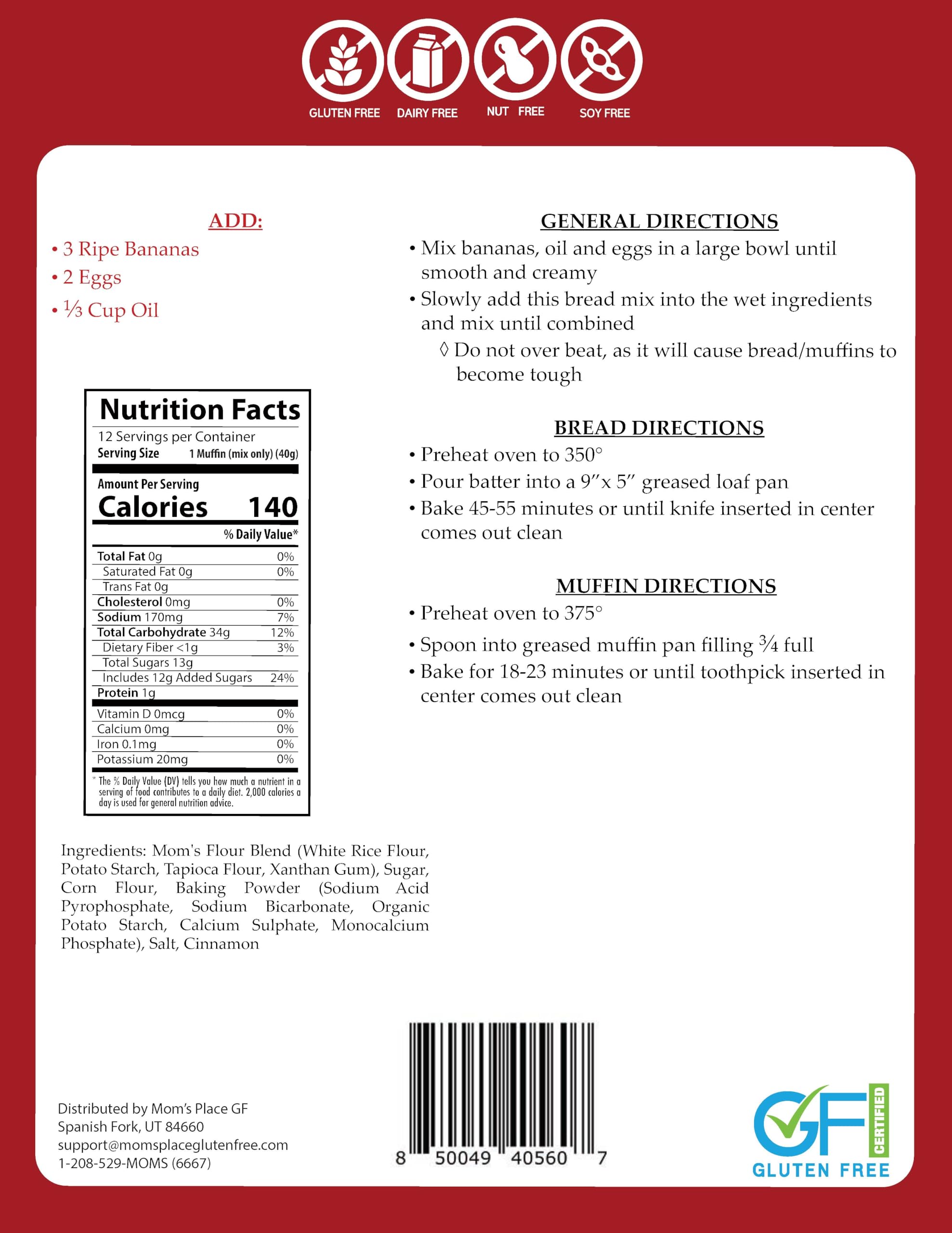 Mom's Place Gluten-Free Banana Bread or Muffin Mix, Nut Free, Dairy Free & Soy Free, Makes 12 Servings, 16.9 oz