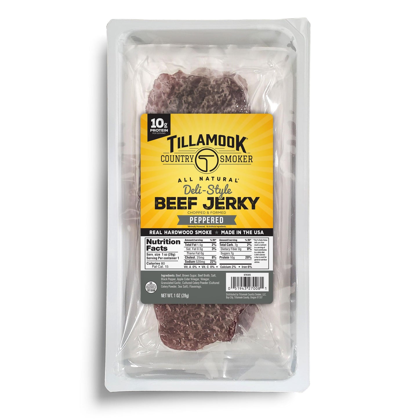 Tillamook Country Smoker Peppered Deli Style Thin Sliced Slab Beef Jerky, Low Carb, High Protein, Ready to Eat Keto Snacks, Chopped & Formed Slabs,12