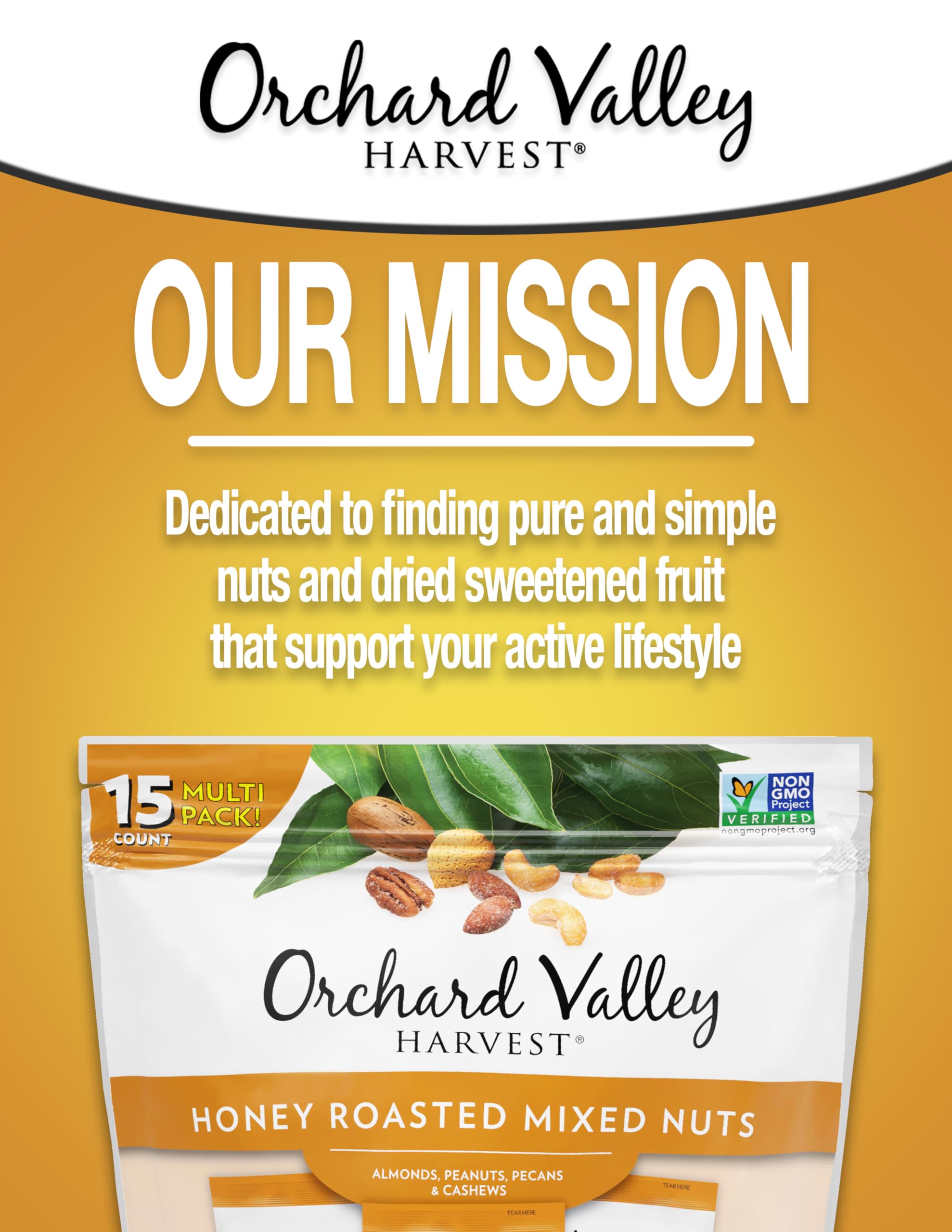 Orchard Valley Harvest Honey Roasted Mixed Nuts, 1 Ounce Bags (Pack of 15), Almonds, Peanuts, Pecans, and Cashews, Gluten Free, Non-GMO, No Artificial