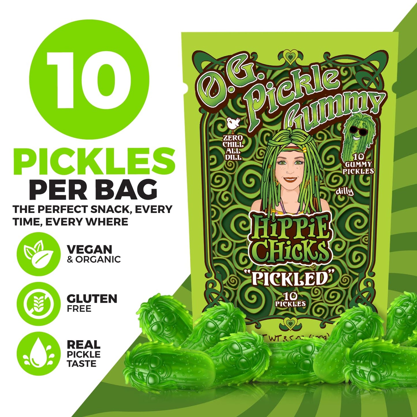 Hippie Chicks "Pickle Gummie" - Tangy & Bold Dill Pickle Flavored Candy - Fun Novelty Snack for Pickle Lovers & Foodies - Zesty, Sour & Salty Treat