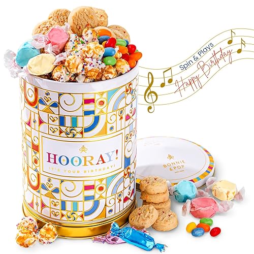 Birthday Gift Basket | Popcorn, Sweets, Candy, Cake Flavors | Tin Spins, Plays Music Happy Birthday | Bonnie and Pop