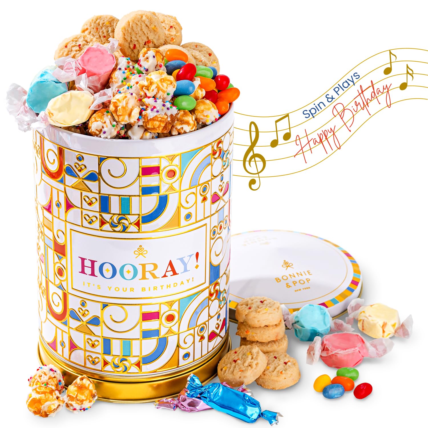 Birthday Gift Basket | Popcorn, Sweets, Candy, Cake Flavors | Tin Spins, Plays Music Happy Birthday | Bonnie and Pop