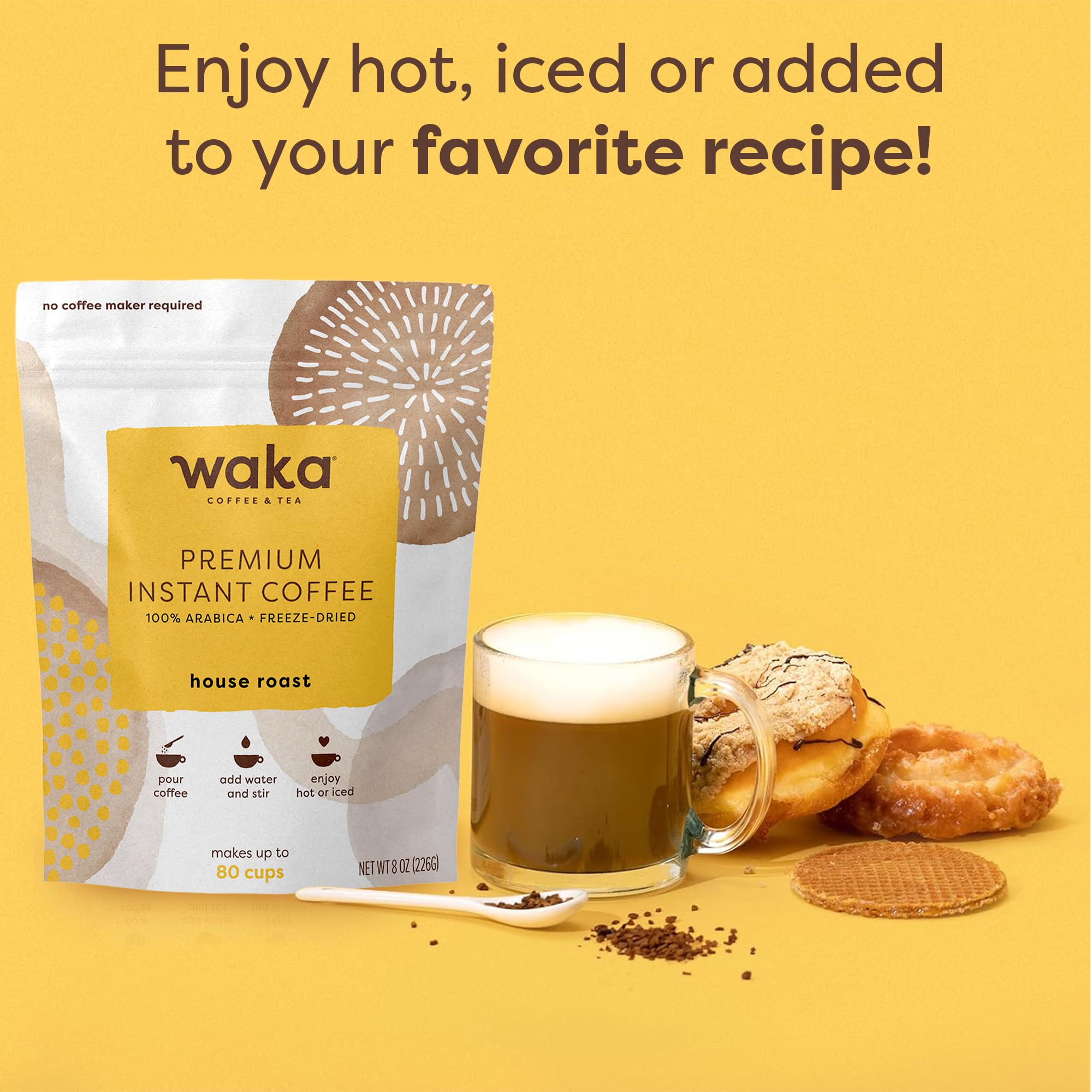 Waka Premium Instant Coffee Pouches - 100% Arabica Freeze Dried Beans - For Hot or Iced Coffee (8 Ounces, House Roast)